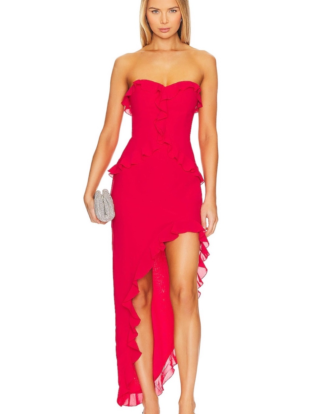 Amanda Uprichard Strapless Ruffle High-Low Dress in Hot Pink